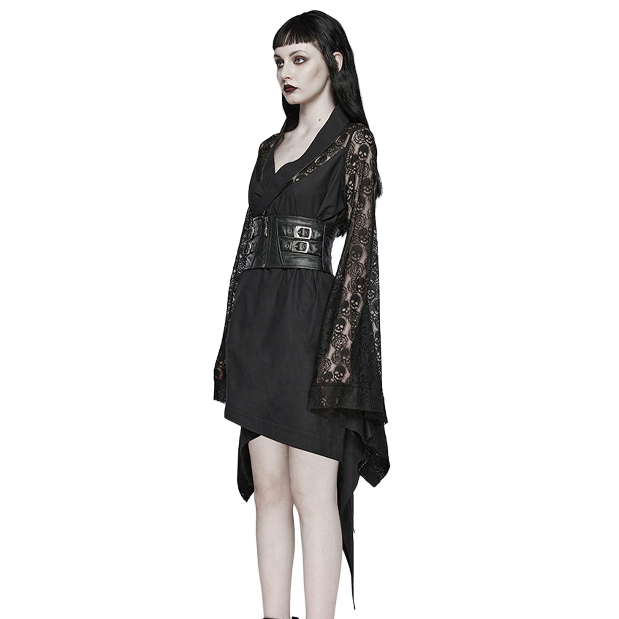 Cotton cotton-twill lace sheer see-through see-thru polyester elastane polyurethane apparel dress midi-dress 2-piece kimono wrap-kimono long-sleeve sleeves sleeved bell-sleeve asymmetrical-hem skull rose waist-cincher adjustable buckle zipper front-zip dramatic lightweight sexy avant-garde fashion alt-fashion alternative goth gothic gothic-doll cyber cyberpunk festival roleplay role-play geisha japanese costume cosplay halloween halloween-couture afterdark-collection female femme feminine womens black