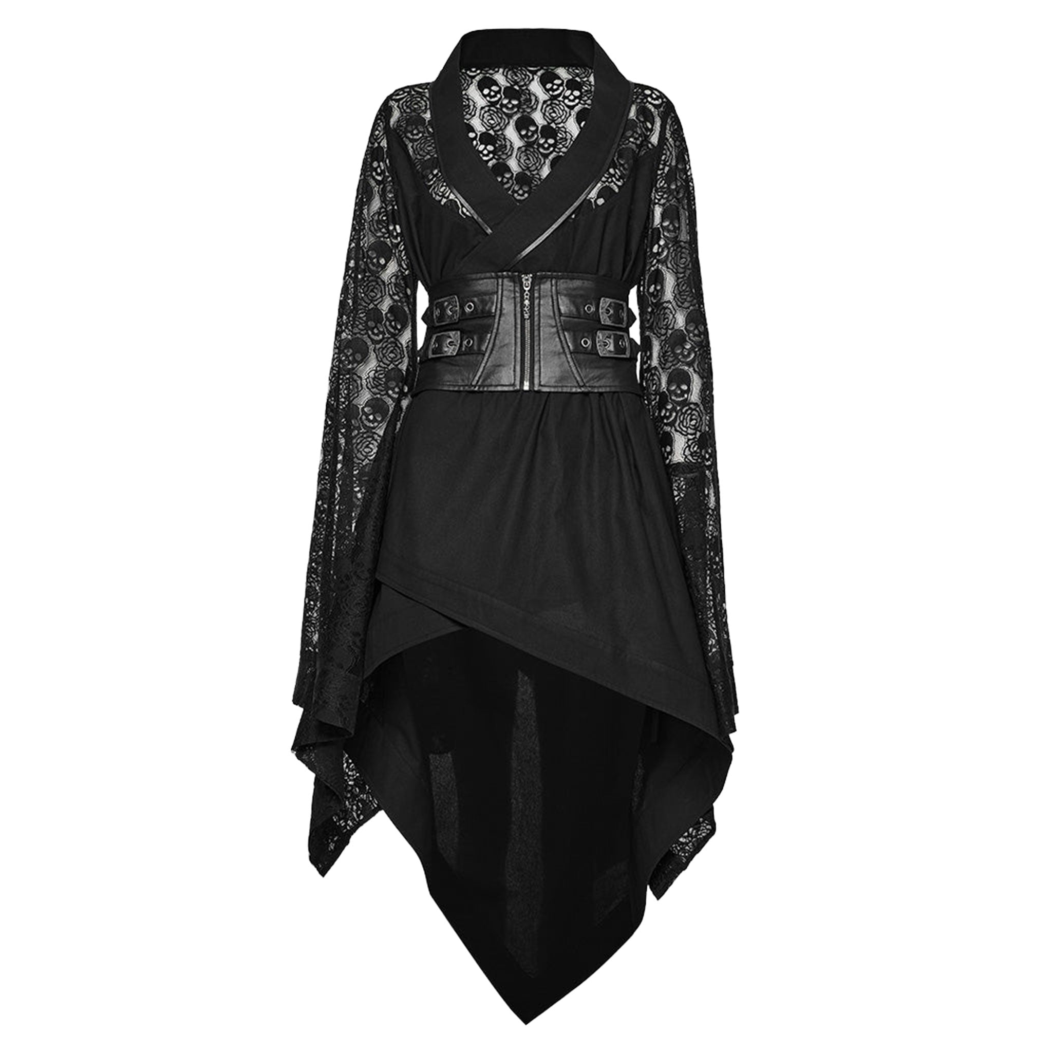 Cotton cotton-twill lace sheer see-through see-thru polyester elastane polyurethane apparel dress midi-dress 2-piece kimono wrap-kimono long-sleeve sleeves sleeved bell-sleeve asymmetrical-hem skull rose waist-cincher adjustable buckle zipper front-zip dramatic lightweight sexy avant-garde fashion alt-fashion alternative goth gothic gothic-doll cyber cyberpunk festival roleplay role-play geisha japanese costume cosplay halloween halloween-couture afterdark-collection female femme feminine womens black