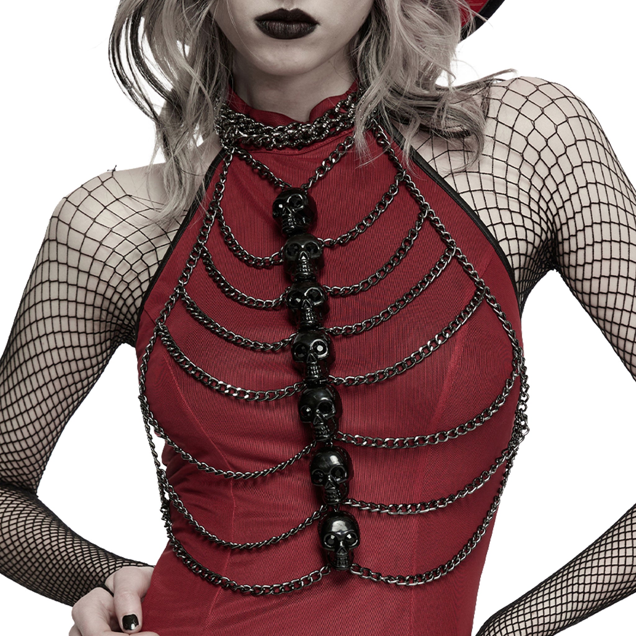 Aluminum plastic chain hanging-chain acrylic accessories top harness chest-harness halter-neck open-back sleeveless skulls stacked-skulls vertical-stack sternum-skulls gemstone-eyes rib-cage spooky macabre dark-fashion stylish fetish fashion alt-fashion punk goth gothic cyber cyberpunk costume cosplay halloween halloween-accessories skeleton skeletal afterdark-collection female femme feminine womens black tarnish