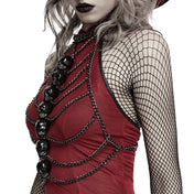Aluminum plastic chain hanging-chain acrylic accessories top harness chest-harness halter-neck open-back sleeveless skulls stacked-skulls vertical-stack sternum-skulls gemstone-eyes rib-cage spooky macabre dark-fashion stylish fetish fashion alt-fashion punk goth gothic cyber cyberpunk costume cosplay halloween halloween-accessories skeleton skeletal afterdark-collection female femme feminine womens black tarnish