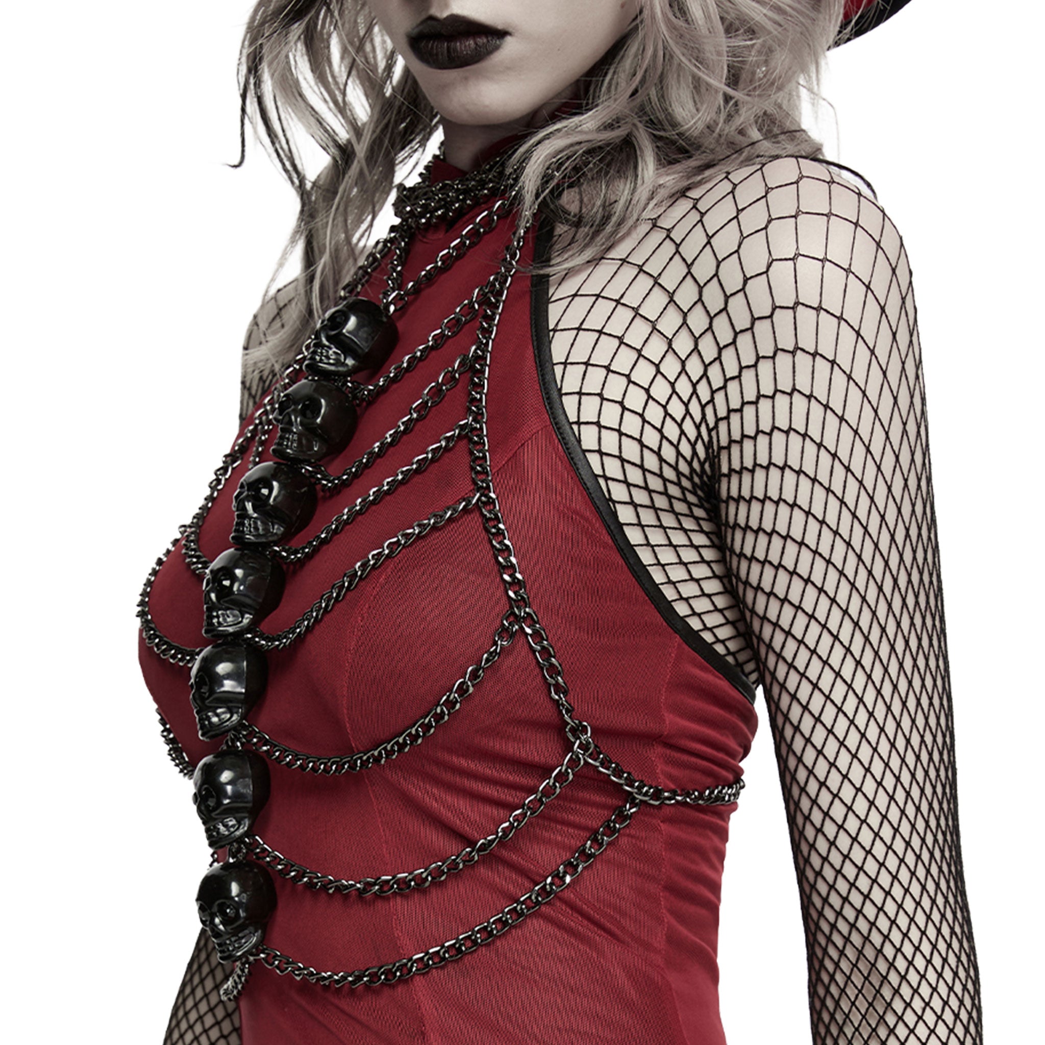 Aluminum plastic chain hanging-chain acrylic accessories top harness chest-harness halter-neck open-back sleeveless skulls stacked-skulls vertical-stack sternum-skulls gemstone-eyes rib-cage spooky macabre dark-fashion stylish fetish fashion alt-fashion punk goth gothic cyber cyberpunk costume cosplay halloween halloween-accessories skeleton skeletal afterdark-collection female femme feminine womens black tarnish
