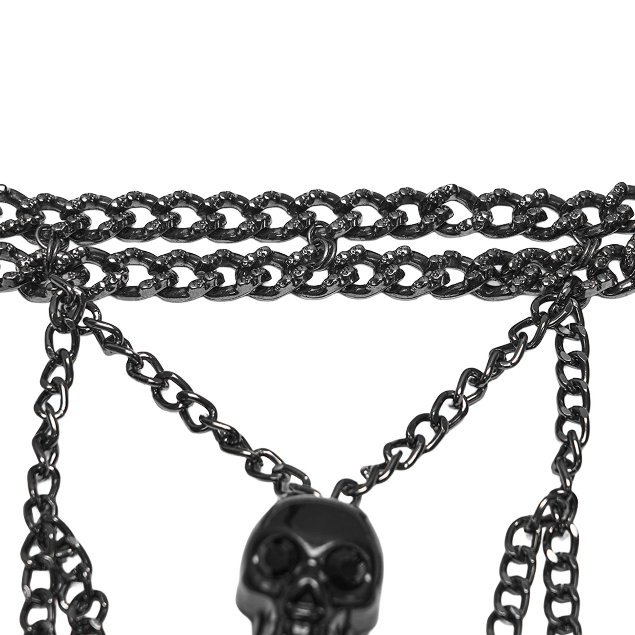 Aluminum plastic chain hanging-chain acrylic accessories top harness chest-harness halter-neck open-back sleeveless skulls stacked-skulls vertical-stack sternum-skulls gemstone-eyes rib-cage spooky macabre dark-fashion stylish fetish fashion alt-fashion punk goth gothic cyber cyberpunk costume cosplay halloween halloween-accessories skeleton skeletal afterdark-collection female femme feminine womens black tarnish