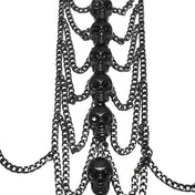 Aluminum plastic chain hanging-chain acrylic accessories top harness chest-harness halter-neck open-back sleeveless skulls stacked-skulls vertical-stack sternum-skulls gemstone-eyes rib-cage spooky macabre dark-fashion stylish fetish fashion alt-fashion punk goth gothic cyber cyberpunk costume cosplay halloween halloween-accessories skeleton skeletal afterdark-collection female femme feminine womens black tarnish