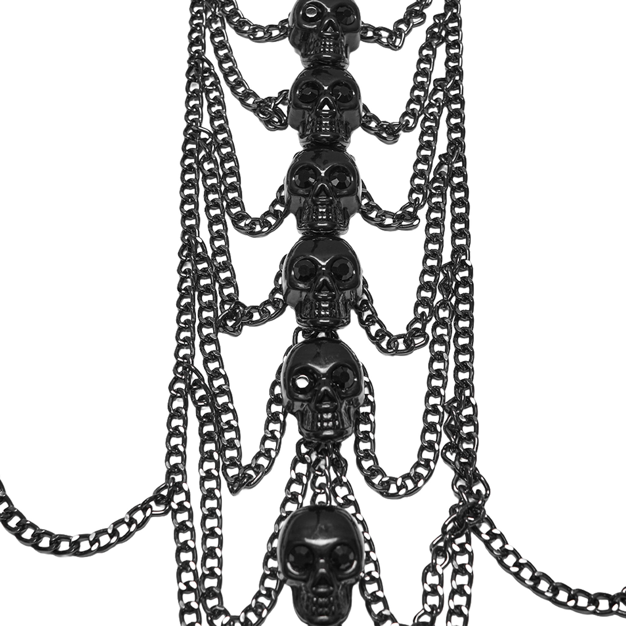 Aluminum plastic chain hanging-chain acrylic accessories top harness chest-harness halter-neck open-back sleeveless skulls stacked-skulls vertical-stack sternum-skulls gemstone-eyes rib-cage spooky macabre dark-fashion stylish fetish fashion alt-fashion punk goth gothic cyber cyberpunk costume cosplay halloween halloween-accessories skeleton skeletal afterdark-collection female femme feminine womens black tarnish