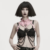 Leather faux-leather plastic O-ring D-ring accessories harness body-harness chest-harness halter-neck halterneck chain hanging-chains snap-button press-stud adjustable buckle detachable batwing bat-wing bow knot skull skull-pendant skeleton skeletal ribs goth gothic spooky punk fetish fashion alt-fashion costume cosplay halloween female femme feminine womens pink black