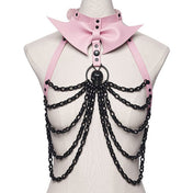 Leather faux-leather plastic O-ring D-ring accessories harness body-harness chest-harness halter-neck halterneck chain hanging-chains snap-button press-stud adjustable buckle detachable batwing bat-wing bow knot skull skull-pendant skeleton skeletal ribs goth gothic spooky punk fetish fashion alt-fashion costume cosplay halloween female femme feminine womens pink black