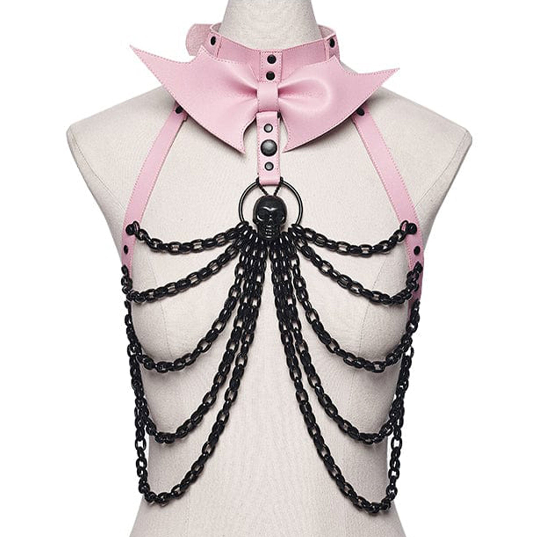Leather faux-leather plastic O-ring D-ring accessories harness body-harness chest-harness halter-neck halterneck chain hanging-chains snap-button press-stud adjustable buckle detachable batwing bat-wing bow knot skull skull-pendant skeleton skeletal ribs goth gothic spooky punk fetish fashion alt-fashion costume cosplay halloween female femme feminine womens pink black
