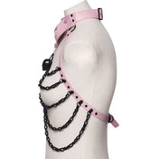 Leather faux-leather plastic O-ring D-ring accessories harness body-harness chest-harness halter-neck halterneck chain hanging-chains snap-button press-stud adjustable buckle detachable batwing bat-wing bow knot skull skull-pendant skeleton skeletal ribs goth gothic spooky punk fetish fashion alt-fashion costume cosplay halloween female femme feminine womens pink black