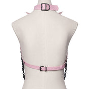 Leather faux-leather plastic O-ring D-ring accessories harness body-harness chest-harness halter-neck halterneck chain hanging-chains snap-button press-stud adjustable buckle detachable batwing bat-wing bow knot skull skull-pendant skeleton skeletal ribs goth gothic spooky punk fetish fashion alt-fashion costume cosplay halloween female femme feminine womens pink black