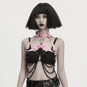 Leather faux-leather plastic O-ring D-ring accessories harness body-harness chest-harness halter-neck halterneck chain hanging-chains snap-button press-stud adjustable buckle detachable batwing bat-wing bow knot skull skull-pendant skeleton skeletal ribs goth gothic spooky punk fetish fashion alt-fashion costume cosplay halloween female femme feminine womens pink black