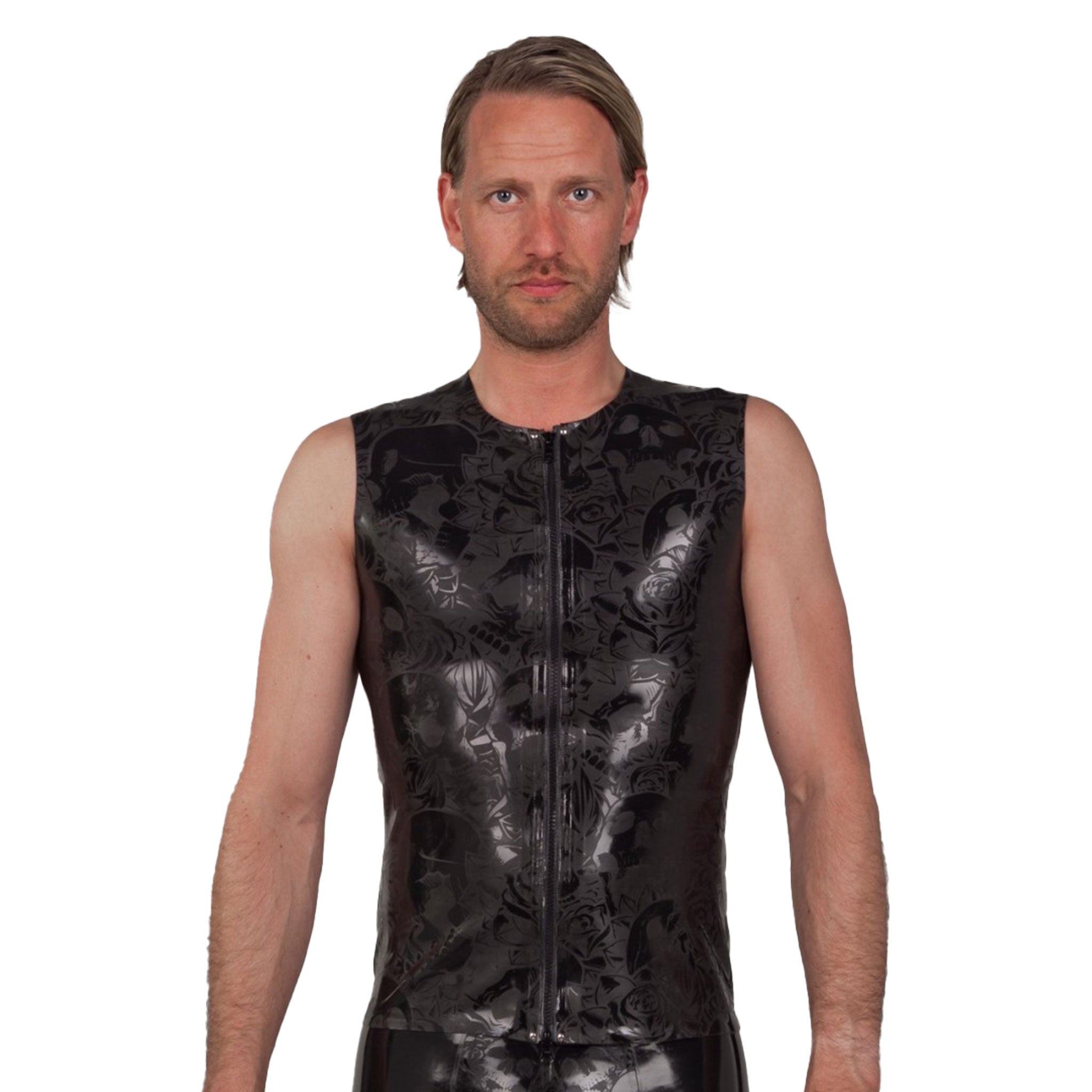 Latex rubber top shirt vest sleeveless zip-up front zipper print printed pattern etched skull skulls roses glossy shine texture textured rubber punk black