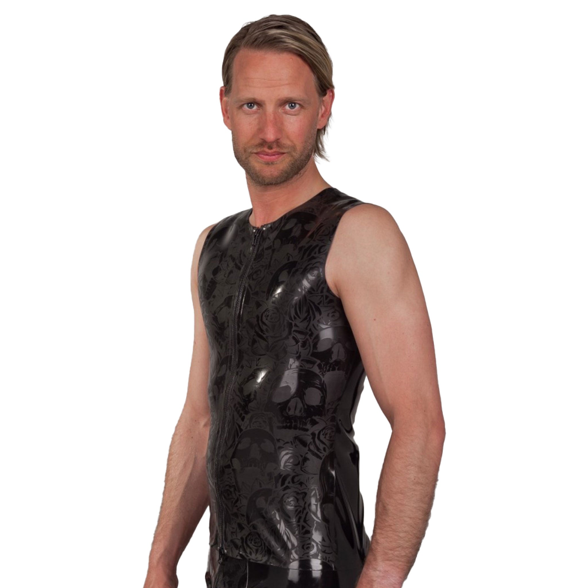 Latex rubber top shirt vest sleeveless zip-up front zipper print printed pattern etched skull skulls roses glossy shine texture textured rubber punk black
