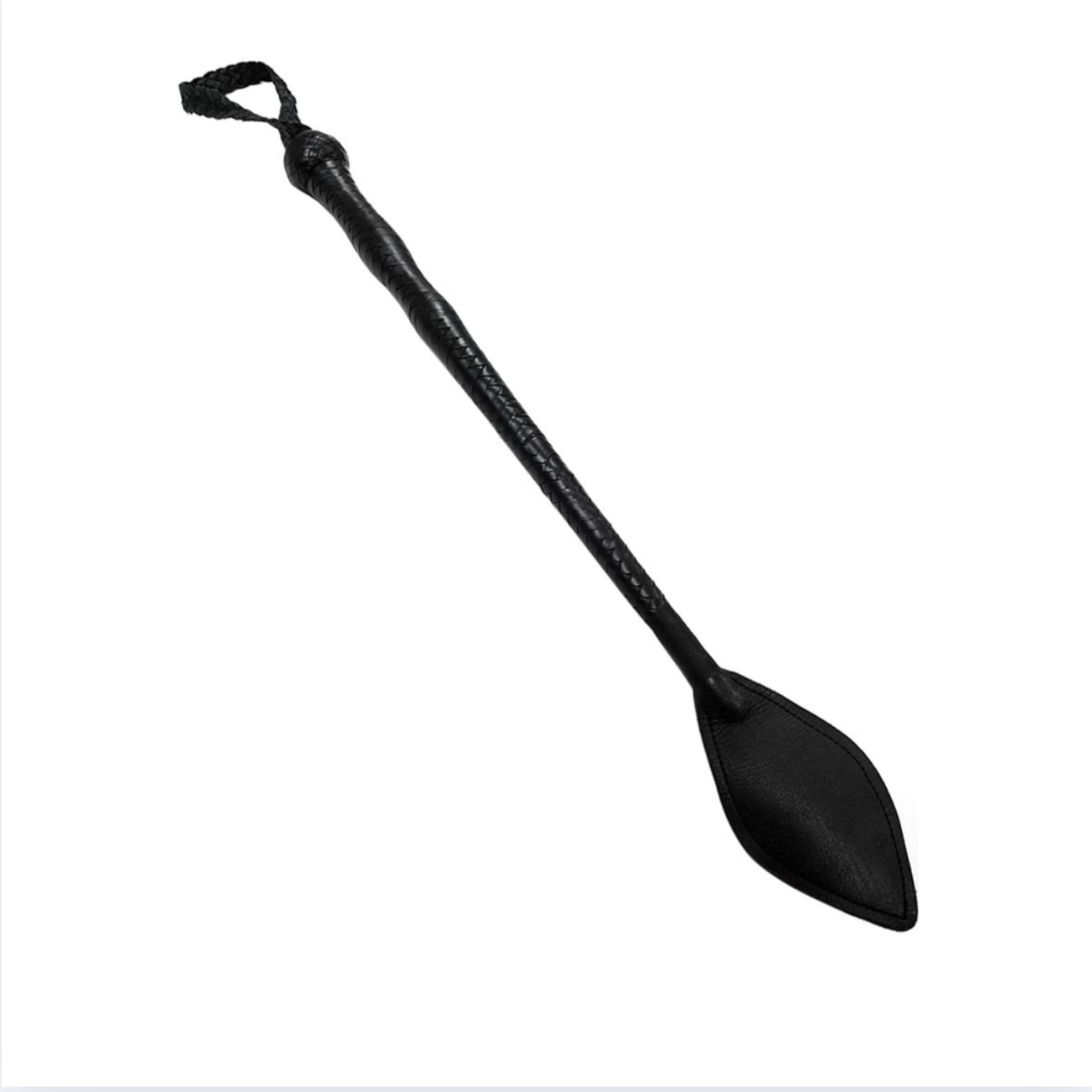 Black leather slapper whip with wrist loop and round leather ball for impact.