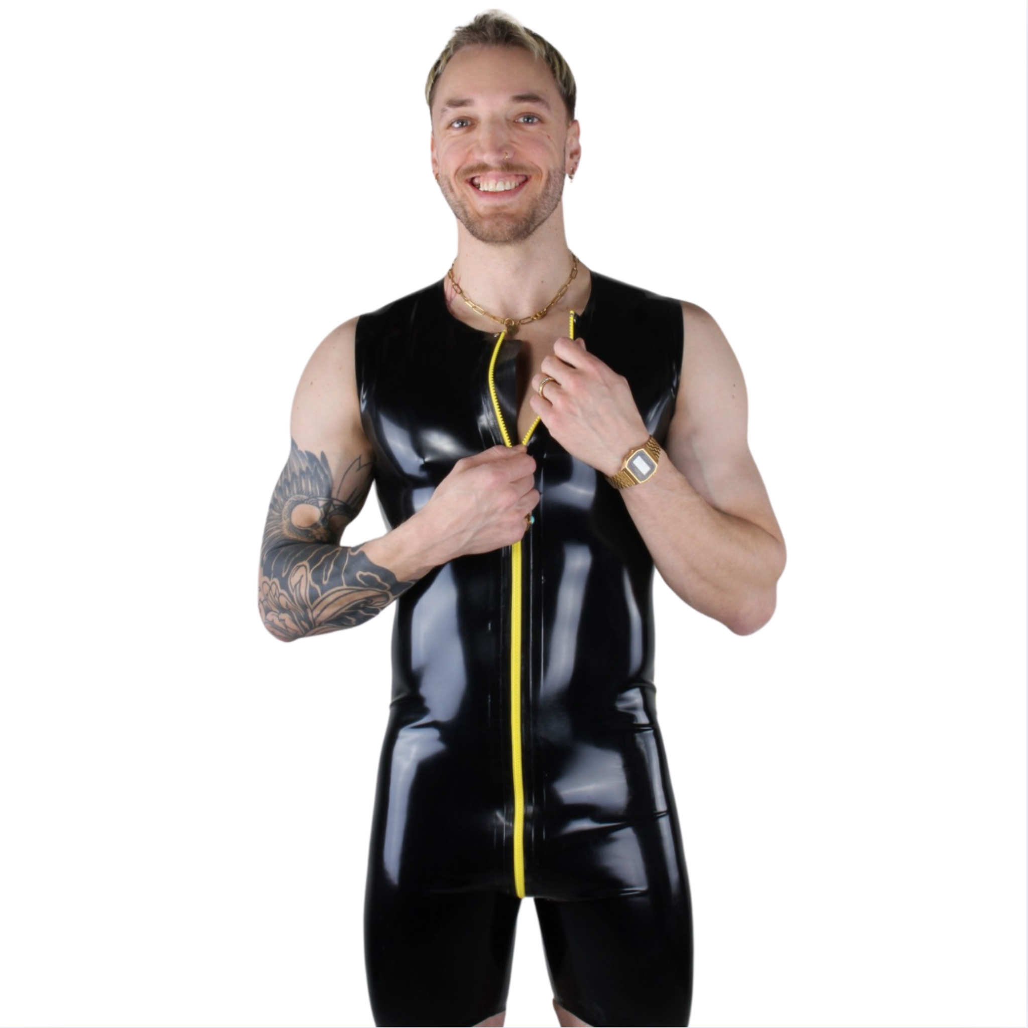 Sleeveless latex surfsuit with bright yellow full-length zipper, crafted from premium 0.4mm latex for a sleek, form-fitting look.