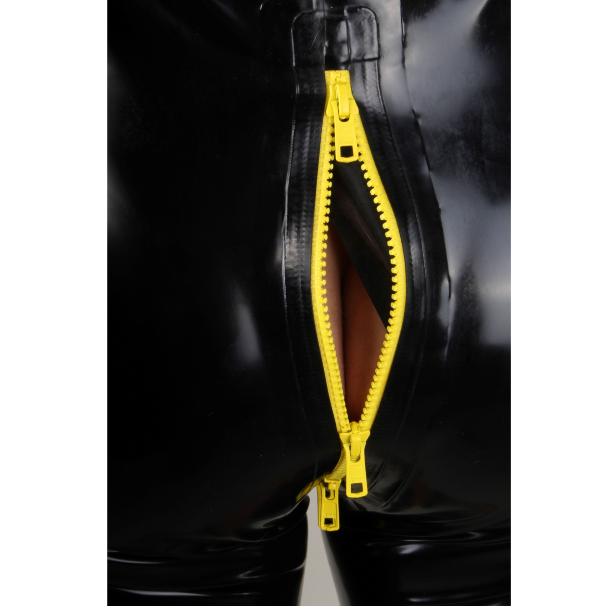Sleeveless latex surfsuit with bright yellow full-length zipper, crafted from premium 0.4mm latex for a sleek, form-fitting look.