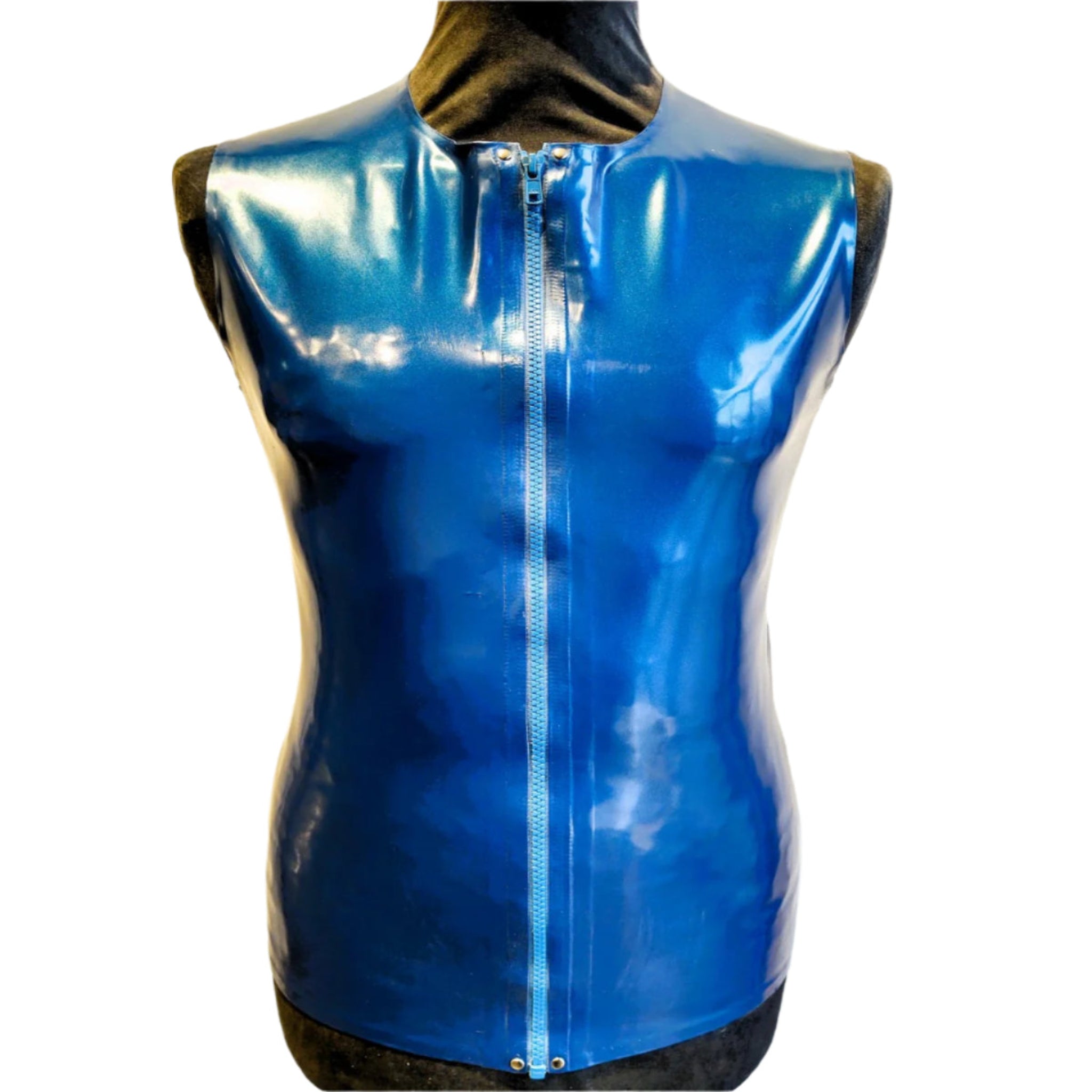Sleeveless latex zip top in high-quality 0.5mm latex with a front zipper for a sleek, form-fitting look.