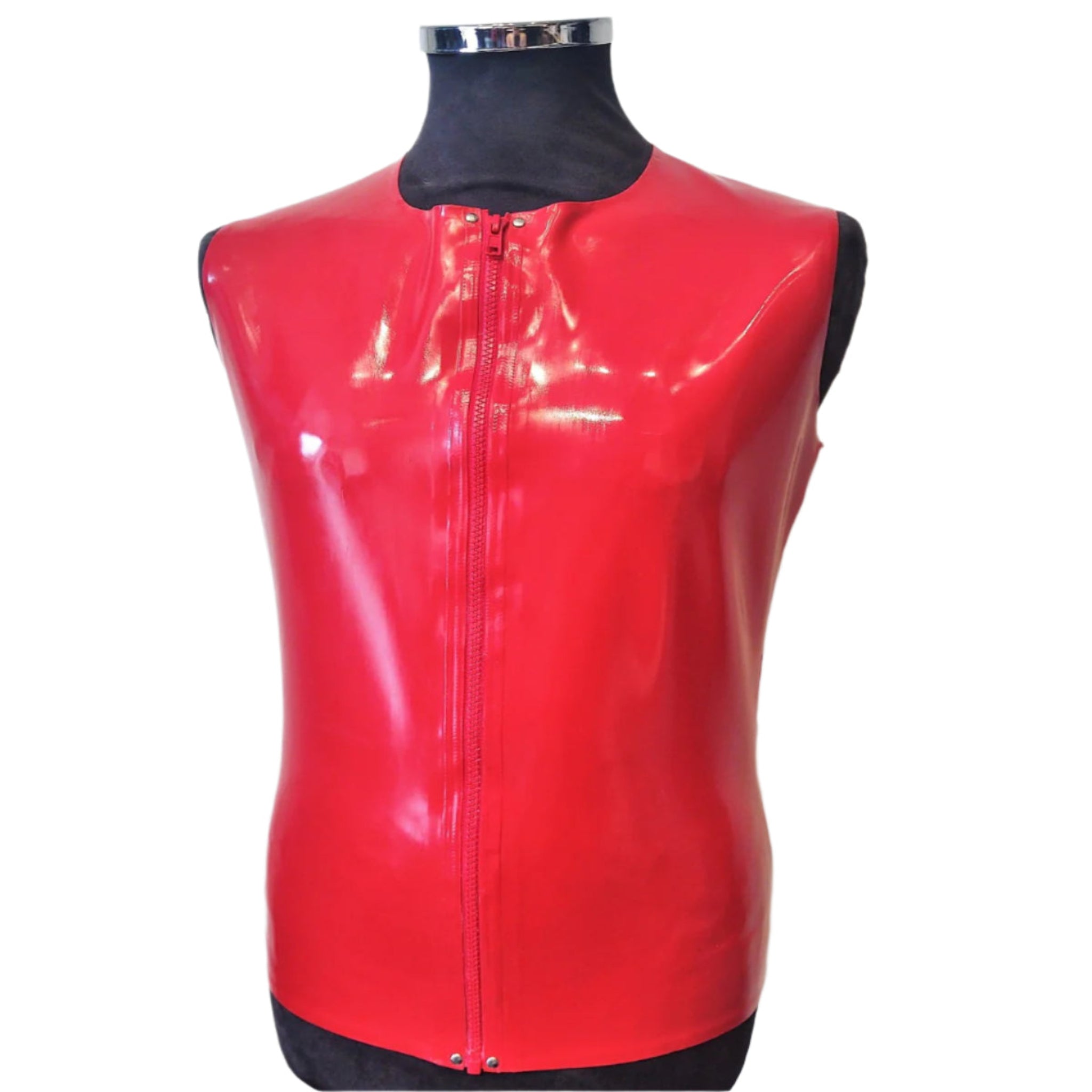 Sleeveless latex zip top in high-quality 0.5mm latex with a front zipper for a sleek, form-fitting look.