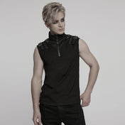 Sleeveless zippered high-collar buckled shoulder punk shirt for men, crafted from cotton spandex and polyester blend, 0.27 kg, featuring mesh splice detailing, faux leather buckle accents, front zipper closure, fitted silhouette, gothic alternative streetwear fashion top