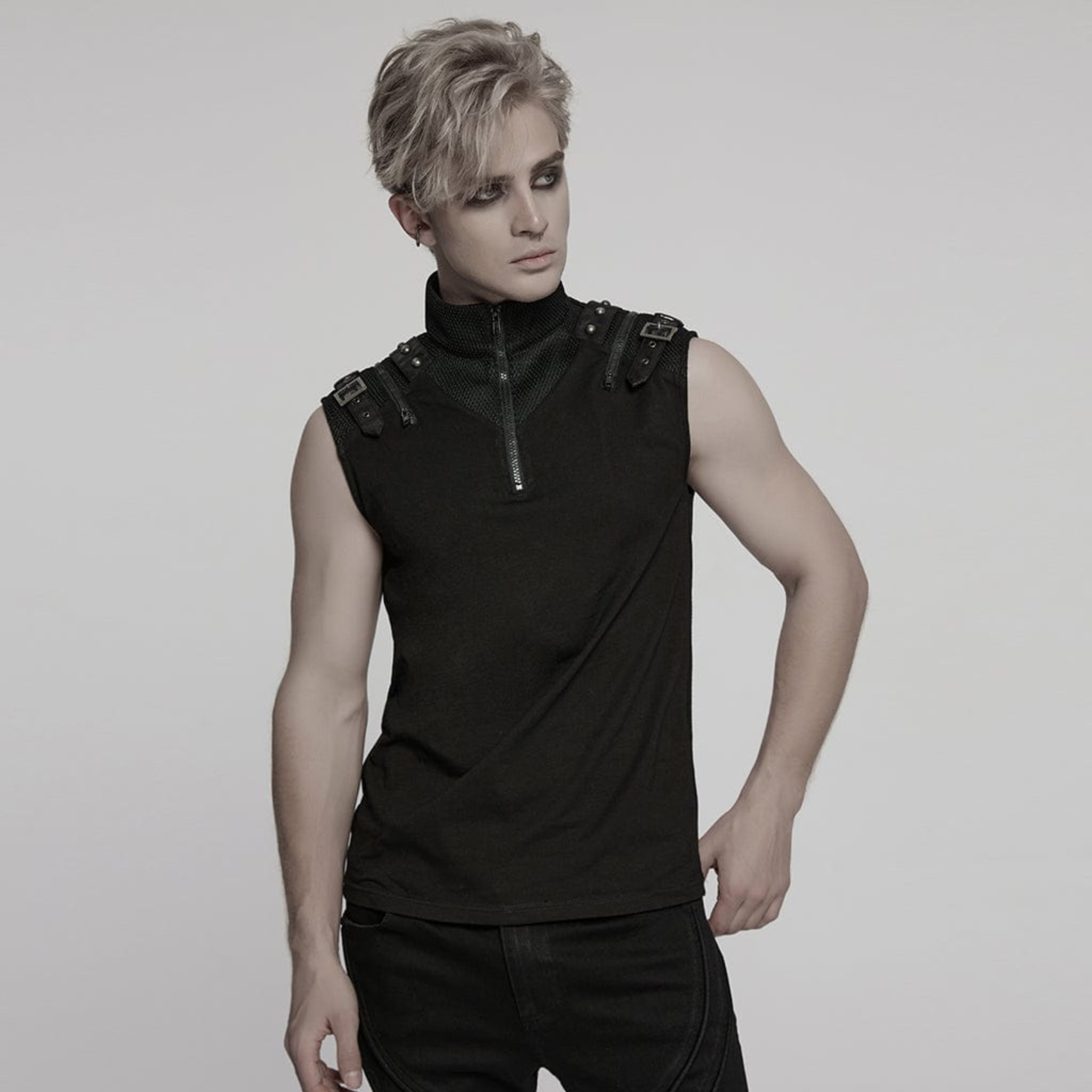 Sleeveless zippered high-collar buckled shoulder punk shirt for men, crafted from cotton spandex and polyester blend, 0.27 kg, featuring mesh splice detailing, faux leather buckle accents, front zipper closure, fitted silhouette, gothic alternative streetwear fashion top