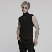 Sleeveless zippered high-collar buckled shoulder punk shirt for men, crafted from cotton spandex and polyester blend, 0.27 kg, featuring mesh splice detailing, faux leather buckle accents, front zipper closure, fitted silhouette, gothic alternative streetwear fashion top