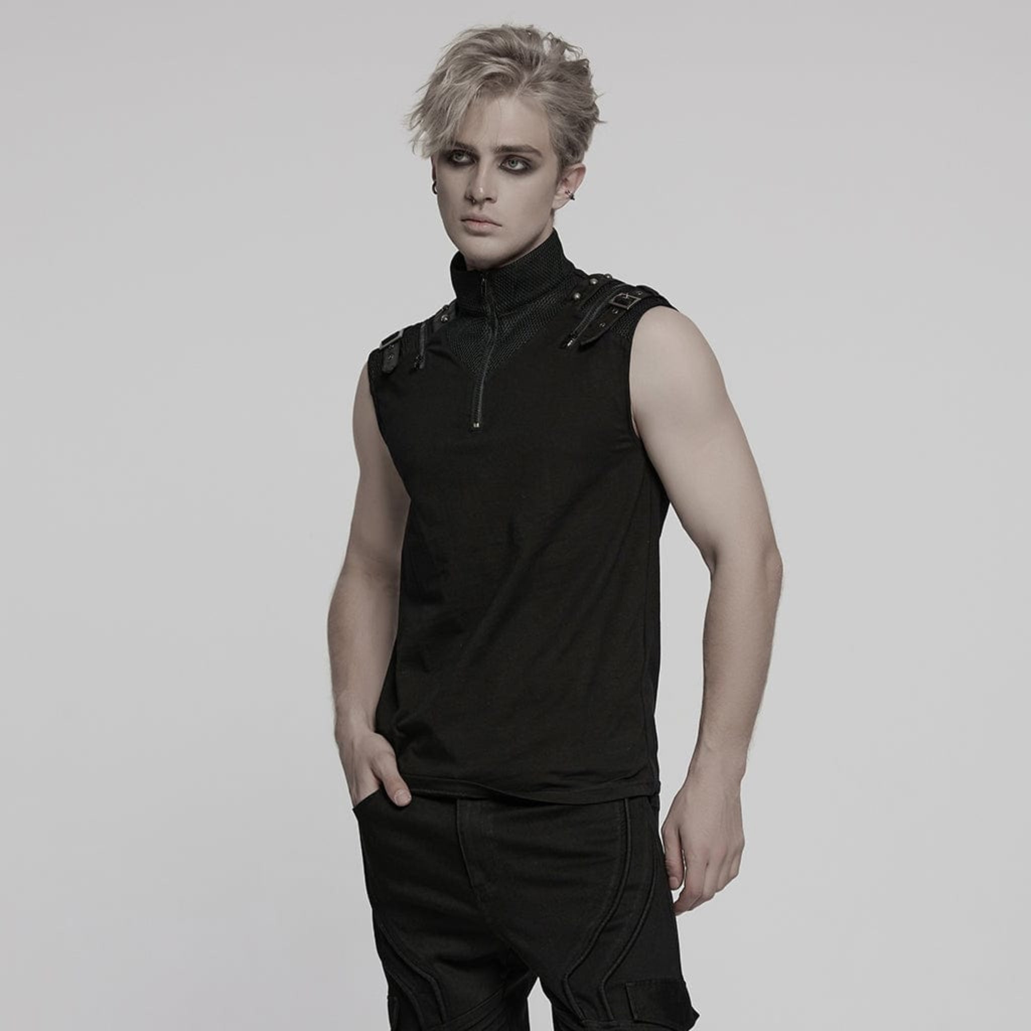 Sleeveless zippered high-collar buckled shoulder punk shirt for men, crafted from cotton spandex and polyester blend, 0.27 kg, featuring mesh splice detailing, faux leather buckle accents, front zipper closure, fitted silhouette, gothic alternative streetwear fashion top