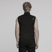 Sleeveless zippered high-collar buckled shoulder punk shirt for men, crafted from cotton spandex and polyester blend, 0.27 kg, featuring mesh splice detailing, faux leather buckle accents, front zipper closure, fitted silhouette, gothic alternative streetwear fashion top