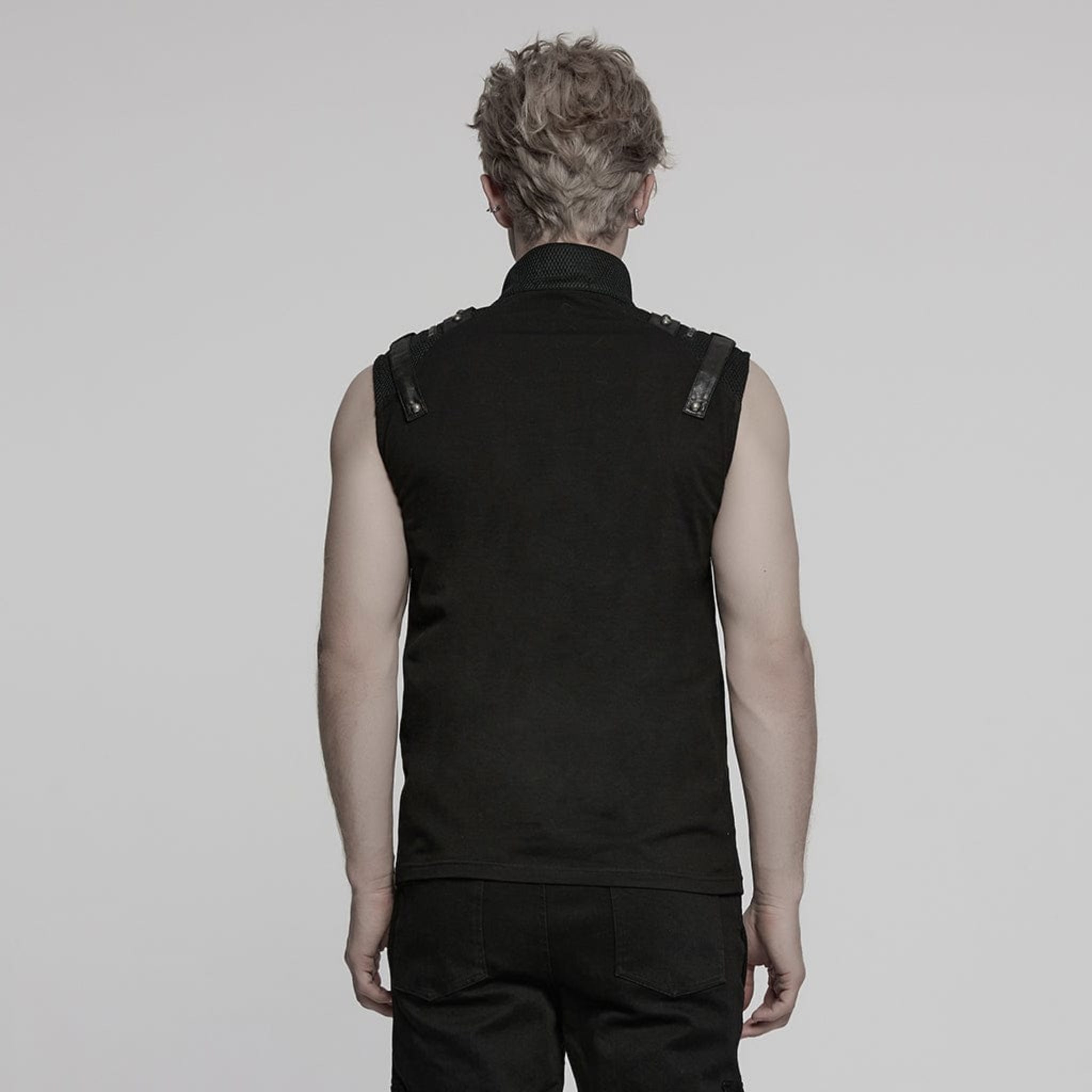 Sleeveless zippered high-collar buckled shoulder punk shirt for men, crafted from cotton spandex and polyester blend, 0.27 kg, featuring mesh splice detailing, faux leather buckle accents, front zipper closure, fitted silhouette, gothic alternative streetwear fashion top