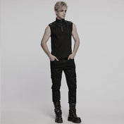 Sleeveless zippered high-collar buckled shoulder punk shirt for men, crafted from cotton spandex and polyester blend, 0.27 kg, featuring mesh splice detailing, faux leather buckle accents, front zipper closure, fitted silhouette, gothic alternative streetwear fashion top