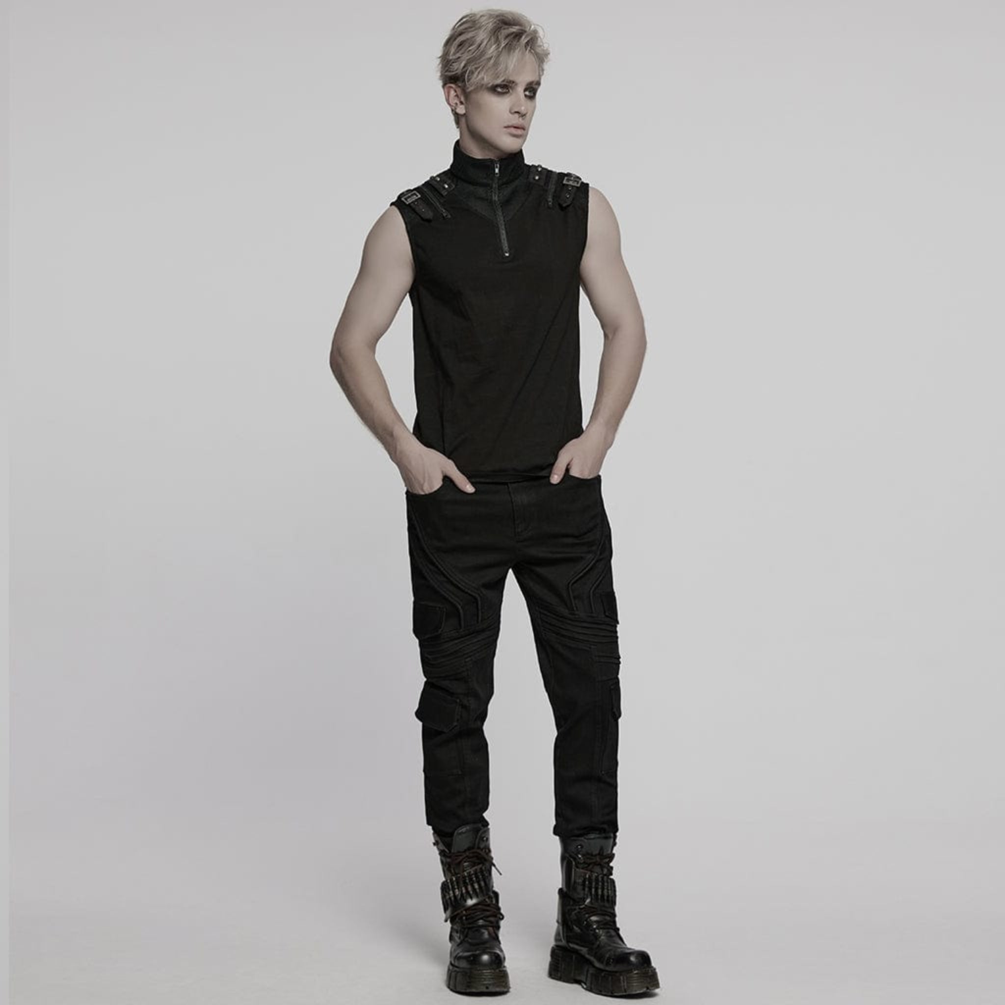 Sleeveless zippered high-collar buckled shoulder punk shirt for men, crafted from cotton spandex and polyester blend, 0.27 kg, featuring mesh splice detailing, faux leather buckle accents, front zipper closure, fitted silhouette, gothic alternative streetwear fashion top