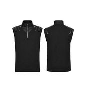 Sleeveless zippered high-collar buckled shoulder punk shirt for men, crafted from cotton spandex and polyester blend, 0.27 kg, featuring mesh splice detailing, faux leather buckle accents, front zipper closure, fitted silhouette, gothic alternative streetwear fashion top