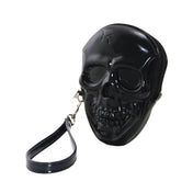 Vinyl patent-vinyl accessories bag purse wrist-bag wristlet skull smiling-skull zipper zip-top fabric-lining slip-pocket wrist-strap removable molded shiny glossy unique macabre bold fun edgy compact organized quirky fashion alt-fashion alternative punk goth gothic casual festival nightlife costume cosplay halloween halloween-accessories skeleton skeletal skull-lovers gifts unisex black