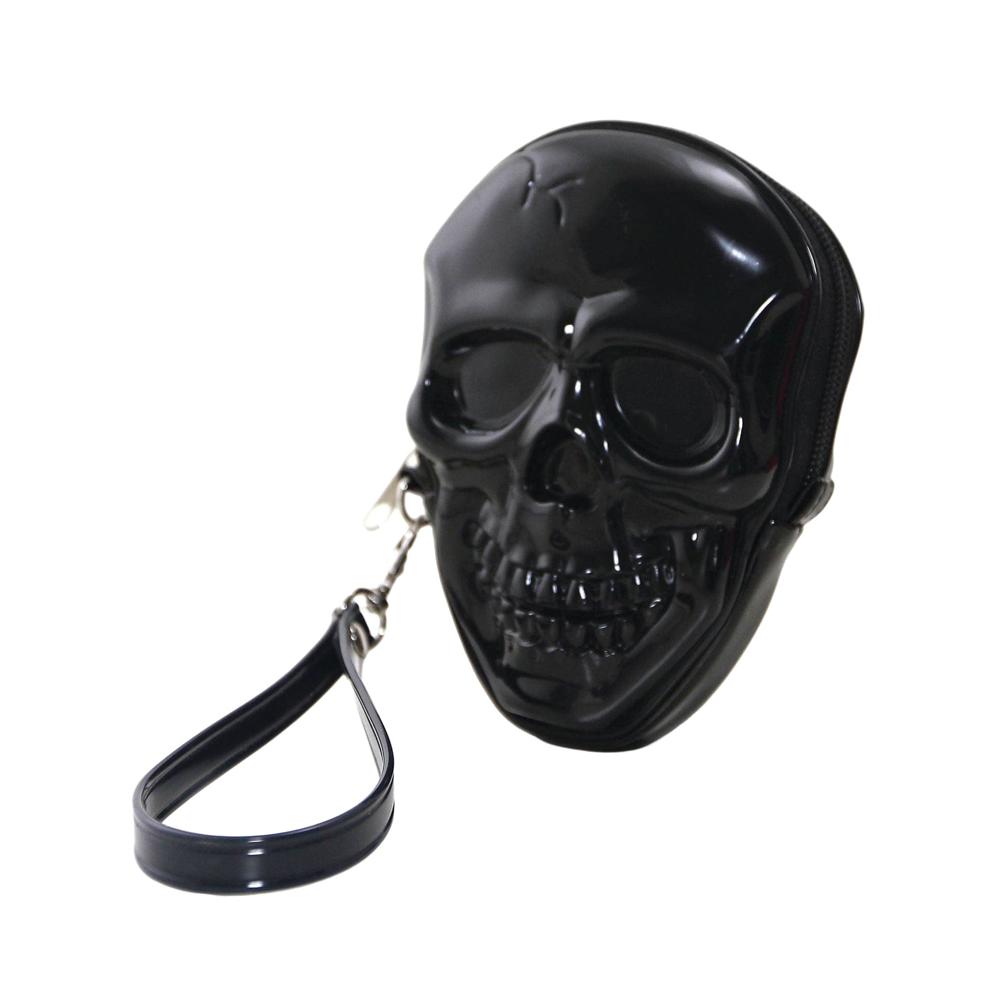 Vinyl patent-vinyl accessories bag purse wrist-bag wristlet skull smiling-skull zipper zip-top fabric-lining slip-pocket wrist-strap removable molded shiny glossy unique macabre bold fun edgy compact organized quirky fashion alt-fashion alternative punk goth gothic casual festival nightlife costume cosplay halloween halloween-accessories skeleton skeletal skull-lovers gifts unisex black