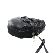 Vinyl patent-vinyl accessories bag purse wrist-bag wristlet skull smiling-skull zipper zip-top fabric-lining slip-pocket wrist-strap removable molded shiny glossy unique macabre bold fun edgy compact organized quirky fashion alt-fashion alternative punk goth gothic casual festival nightlife costume cosplay halloween halloween-accessories skeleton skeletal skull-lovers gifts unisex black