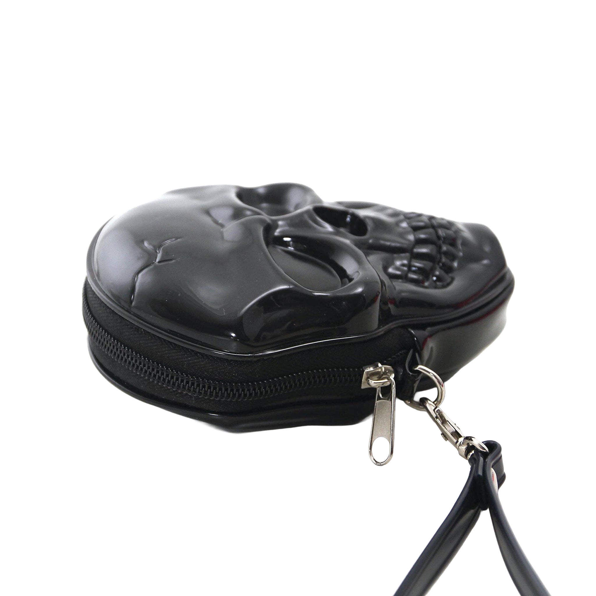 Vinyl patent-vinyl accessories bag purse wrist-bag wristlet skull smiling-skull zipper zip-top fabric-lining slip-pocket wrist-strap removable molded shiny glossy unique macabre bold fun edgy compact organized quirky fashion alt-fashion alternative punk goth gothic casual festival nightlife costume cosplay halloween halloween-accessories skeleton skeletal skull-lovers gifts unisex black