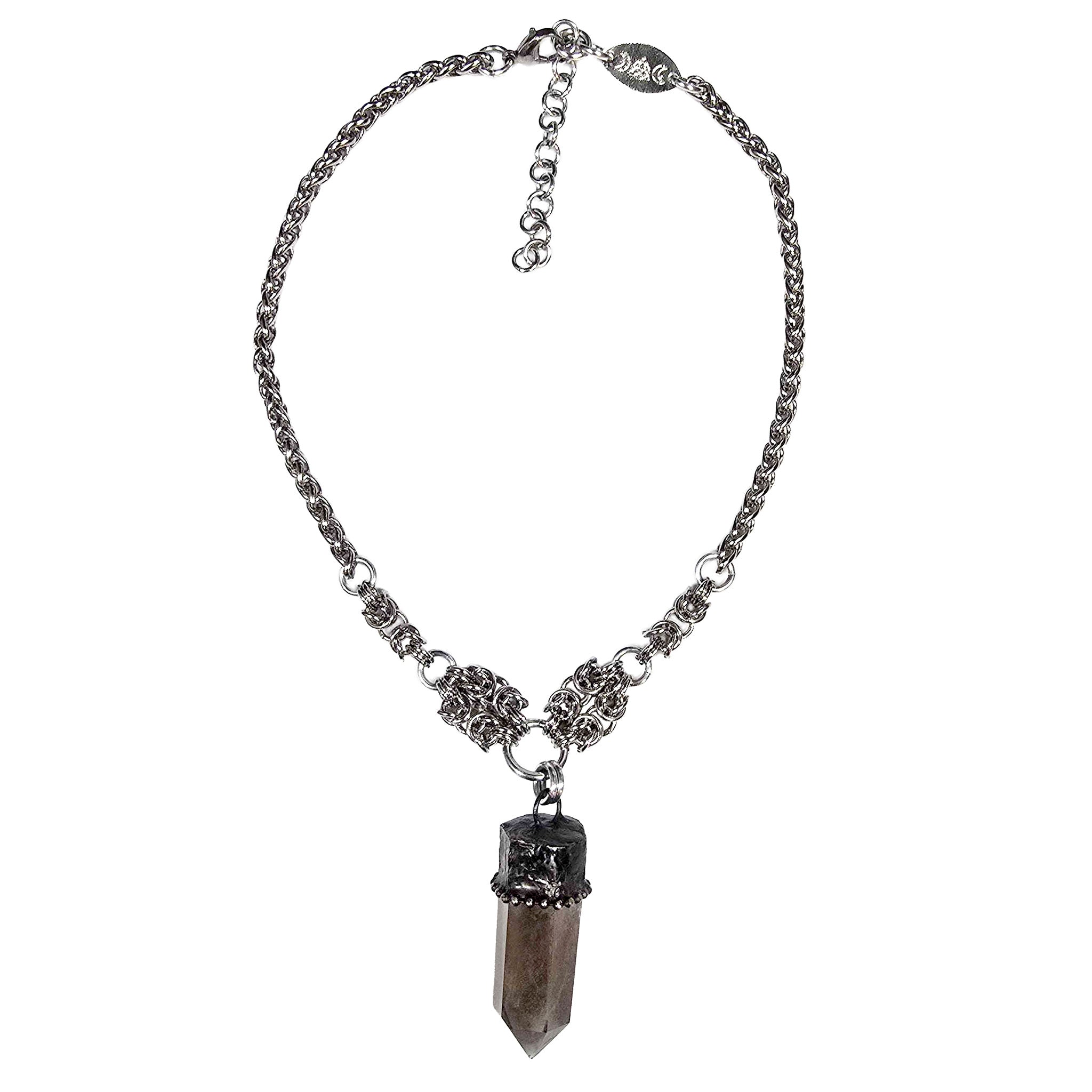 Quartz smoky-quartz morion-quartz copper electroplated-copper stainless-steel accessories jewelry spiritual-jewelry choker adjustable byzantine-maille braided-chain wheat-braid lobster-clasp hand-crafted handcrafted fashion alt-fashion boho bohemian boho-chic goth gothic emo punk industrial rocker witch wicca fairy medieval viking victorian renfaire date-night festival holiday gift unisex silver