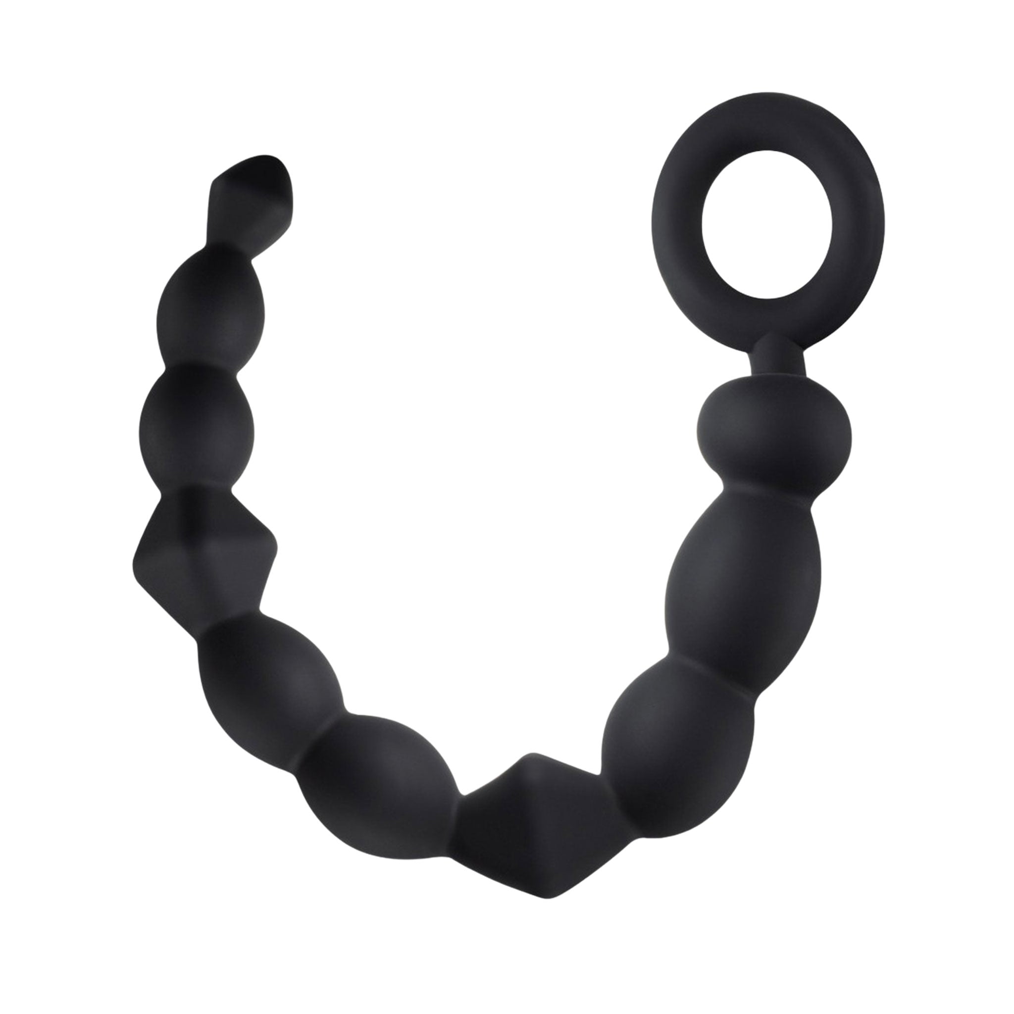 Silicone platinum-cured accessories anal anal-play anal-toys anal-plug anal-probe butt-plug buttplug anal-beads beaded-strand textured pull-ring pull-loop nonvibe nonvibrating non-vibe non-vibrating smooth beginner-safe surprising exciting stimulating variable variable-shapes graded-size warming body-heat sensory sensations bondage bdsm adult-toys unisex black
