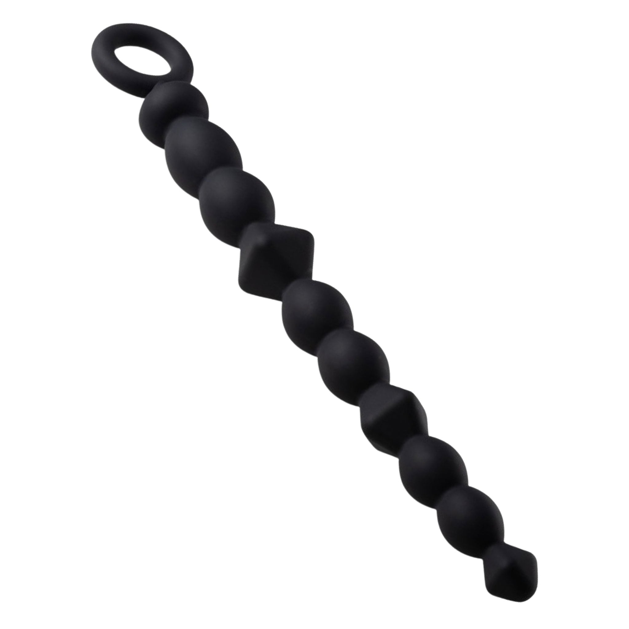 Silicone platinum-cured accessories anal anal-play anal-toys anal-plug anal-probe butt-plug buttplug anal-beads beaded-strand textured pull-ring pull-loop nonvibe nonvibrating non-vibe non-vibrating smooth beginner-safe surprising exciting stimulating variable variable-shapes graded-size warming body-heat sensory sensations bondage bdsm adult-toys unisex black