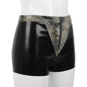 Latex rubber apparel bottoms shorts front-zip zipper zipper-fly sleek shiny glossy fetish fashion alt-fashion alternative punk cyber cyberpunk festival rave ravewear clubwear kink kinky kinkwear pet-play animal animal-print snake serpent reptile costume cosplay halloween male masculine masc mens menswear guys dudes black snake-skin