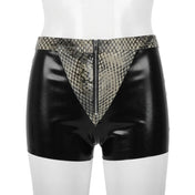 Latex rubber apparel bottoms shorts front-zip zipper zipper-fly sleek shiny glossy fetish fashion alt-fashion alternative punk cyber cyberpunk festival rave ravewear clubwear kink kinky kinkwear pet-play animal animal-print snake serpent reptile costume cosplay halloween male masculine masc mens menswear guys dudes black snake-skin