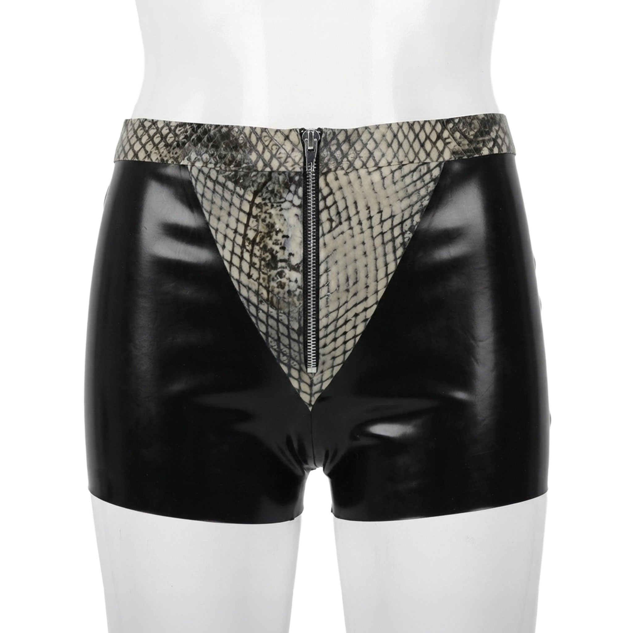 Latex rubber apparel bottoms shorts front-zip zipper zipper-fly sleek shiny glossy fetish fashion alt-fashion alternative punk cyber cyberpunk festival rave ravewear clubwear kink kinky kinkwear pet-play animal animal-print snake serpent reptile costume cosplay halloween male masculine masc mens menswear guys dudes black snake-skin