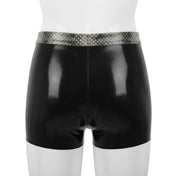 Latex rubber apparel bottoms shorts front-zip zipper zipper-fly sleek shiny glossy fetish fashion alt-fashion alternative punk cyber cyberpunk festival rave ravewear clubwear kink kinky kinkwear pet-play animal animal-print snake serpent reptile costume cosplay halloween male masculine masc mens menswear guys dudes black snake-skin