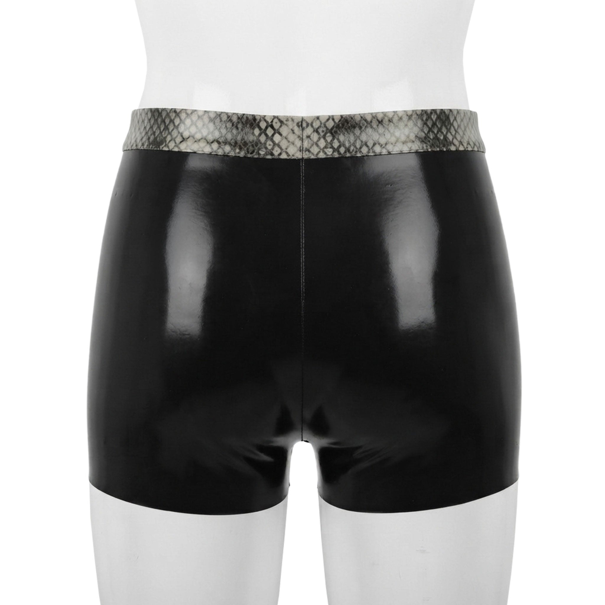 Latex rubber apparel bottoms shorts front-zip zipper zipper-fly sleek shiny glossy fetish fashion alt-fashion alternative punk cyber cyberpunk festival rave ravewear clubwear kink kinky kinkwear pet-play animal animal-print snake serpent reptile costume cosplay halloween male masculine masc mens menswear guys dudes black snake-skin