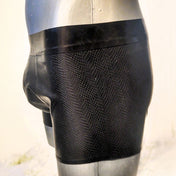 Latex rubber shiny glossy shorts pull-on wide waistband pouch crotch front firmness etched textured snake skin snakeskin snake-skin reptile serpent fetish fashion techno black