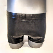 Latex rubber shiny glossy shorts pull-on wide waistband pouch crotch front firmness etched textured snake skin snakeskin snake-skin reptile serpent fetish fashion techno black