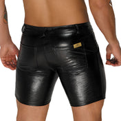 Wetlook polyester elastane polymer-coating apparel bottoms shorts cycle-shorts textured snakeskin snake-skin serpent reptile midrise-waistband mid-rise mid-length midlength-leg snap-button press-stud front-closure front-zip zipper front-pockets back-pockets slither sleek comfortable shiny glossy matte-finish fashion alt-fashion alternative punk goth gothic cyber rave ravewear club clubwear party kink kinky kinkwear male masculine masc mens guys dudes black 