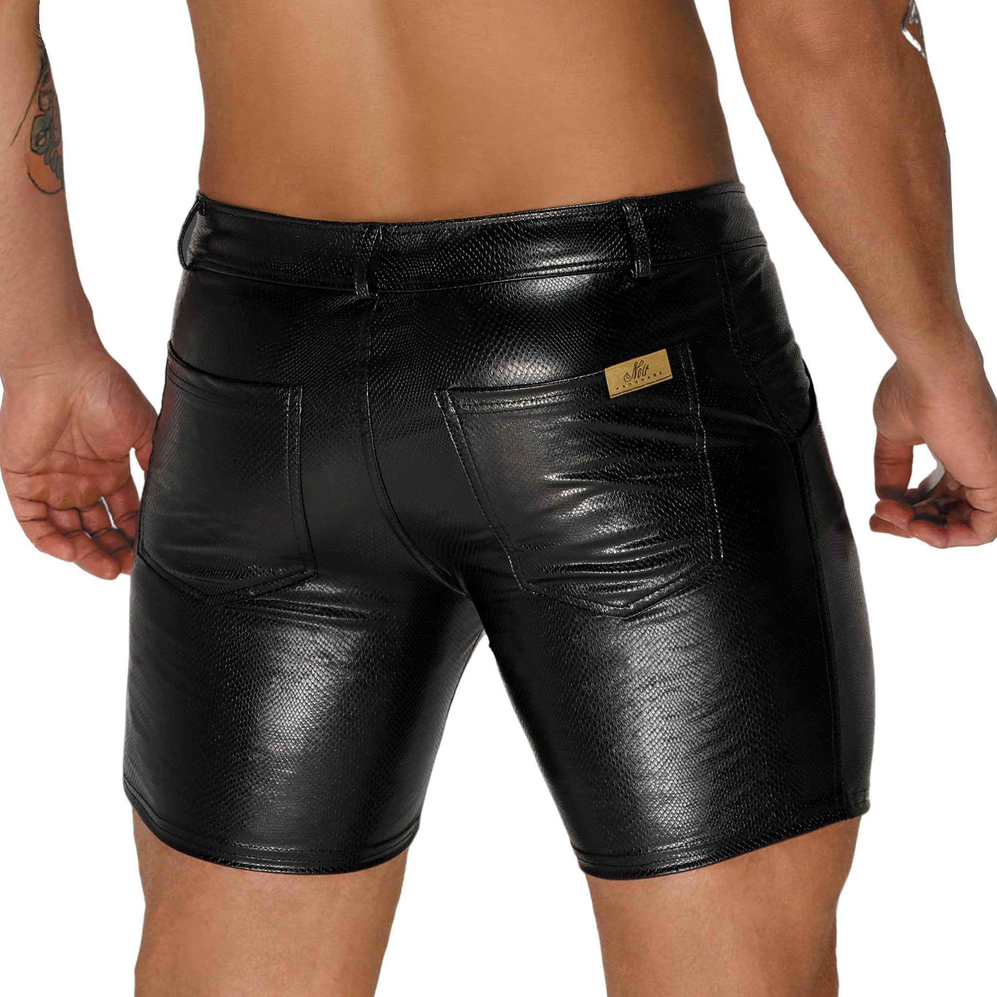 Wetlook polyester elastane polymer-coating apparel bottoms shorts cycle-shorts textured snakeskin snake-skin serpent reptile midrise-waistband mid-rise mid-length midlength-leg snap-button press-stud front-closure front-zip zipper front-pockets back-pockets slither sleek comfortable shiny glossy matte-finish fashion alt-fashion alternative punk goth gothic cyber rave ravewear club clubwear party kink kinky kinkwear male masculine masc mens guys dudes black 