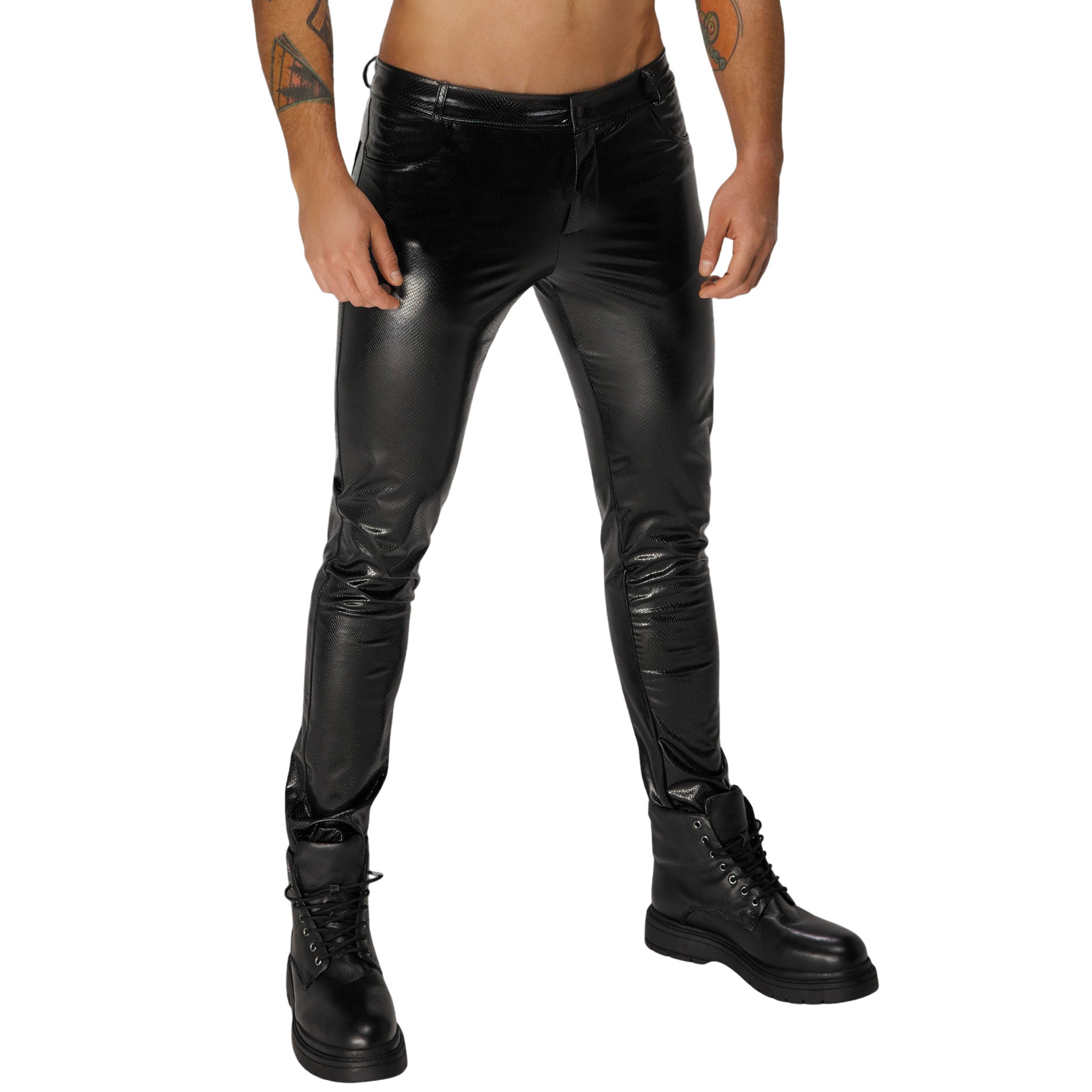 Wetlook power powerwetlook polyester elastane polymer-coating apparel bottoms pants trousers skinny-cut long-leg textured reptile snakeskin belt-loops snap-button press-button midrise-waist mid-rise functional-pockets front-pockets back-pockets front-zip zipper fetish fashion alt-fashion alternative punk goth gothic cyber club clubwear kink kinky kinkwear sensory sensory-play costume cosplay halloween male masculine masc mens guys dudes black 