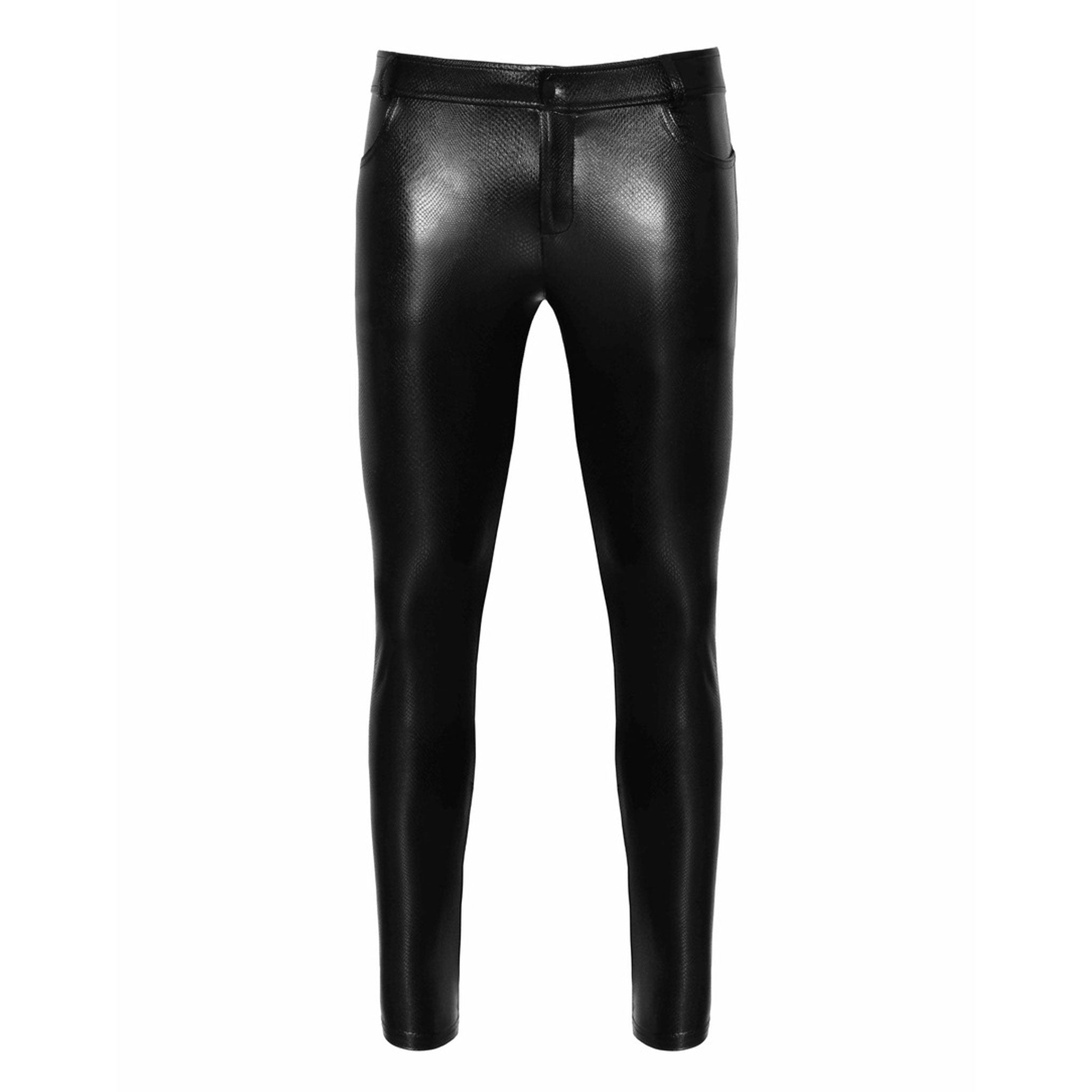 Wetlook power powerwetlook polyester elastane polymer-coating apparel bottoms pants trousers skinny-cut long-leg textured reptile snakeskin belt-loops snap-button press-button midrise-waist mid-rise functional-pockets front-pockets back-pockets front-zip zipper fetish fashion alt-fashion alternative punk goth gothic cyber club clubwear kink kinky kinkwear sensory sensory-play costume cosplay halloween male masculine masc mens guys dudes black 