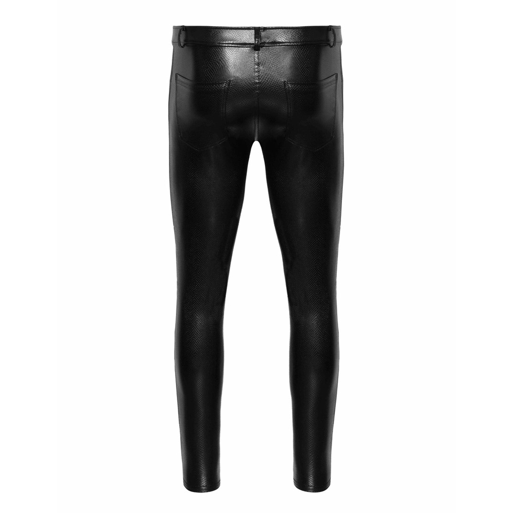 Wetlook power powerwetlook polyester elastane polymer-coating apparel bottoms pants trousers skinny-cut long-leg textured reptile snakeskin belt-loops snap-button press-button midrise-waist mid-rise functional-pockets front-pockets back-pockets front-zip zipper fetish fashion alt-fashion alternative punk goth gothic cyber club clubwear kink kinky kinkwear sensory sensory-play costume cosplay halloween male masculine masc mens guys dudes black 