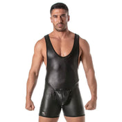 Leather faux-leather polyester polyurethane wetlook apparel bodysuit singlet onesie sleeveless Y-back shorts snap-button press-stud codpiece removable pouch crotch-cutout c-hole matte-finish form-fitting stretchy sleek sexy trendy fetish fashion alt-fashion bondage bdsm bdsm-fashion kink kinky kinkwear costume cosplay halloween athlete wrestling jock varsity back-to-school back-2-school school male masculine masc mens guys dudes black